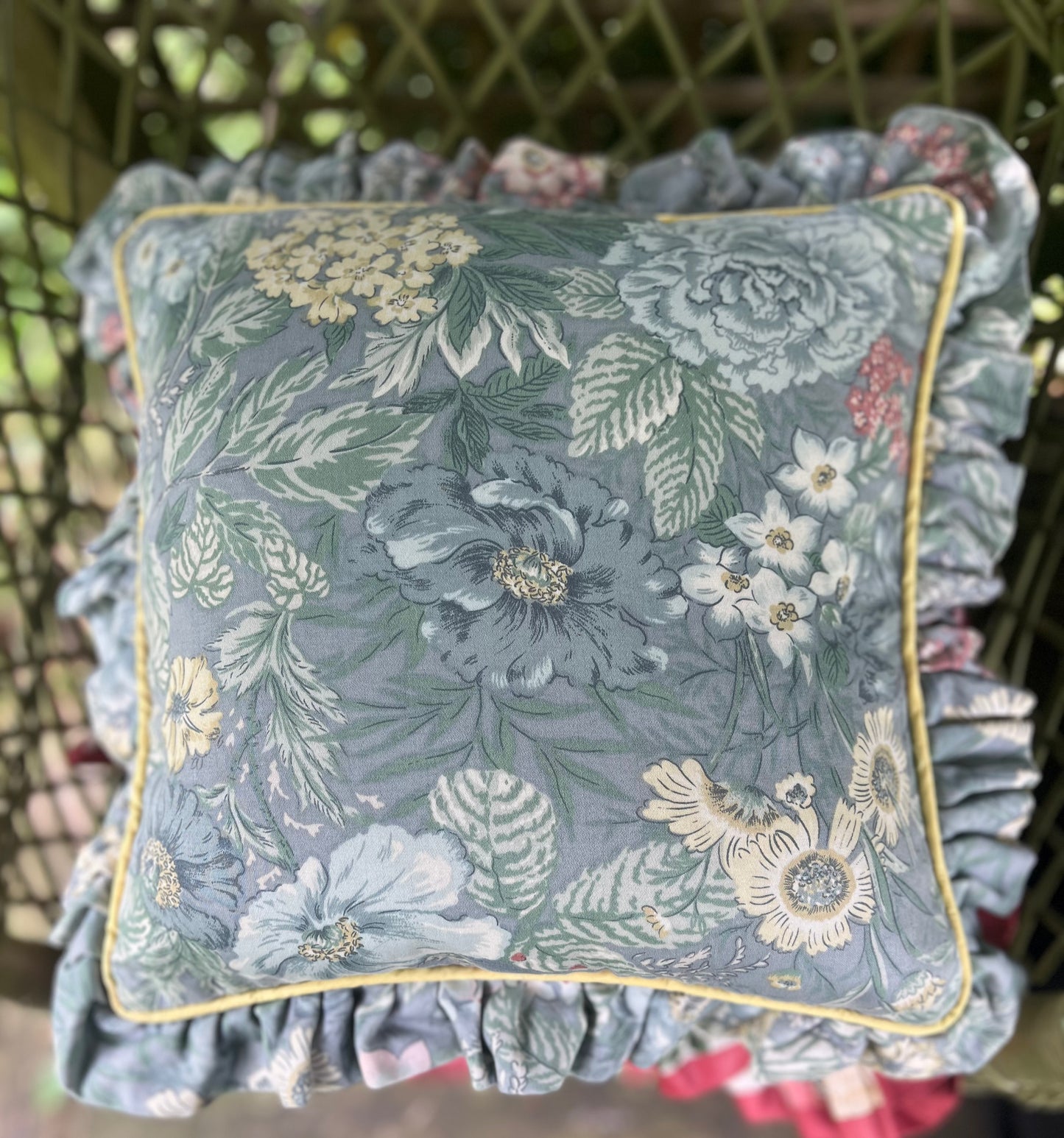 Handmade Blue Floral Ruffled Edge Cushion