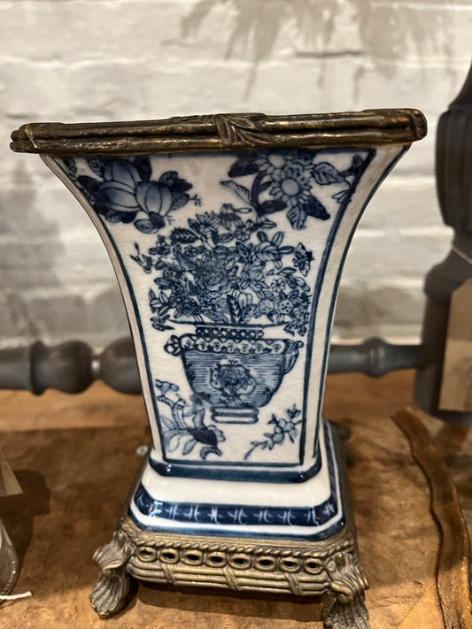 Blue & White Vase Metal Rim & Stand