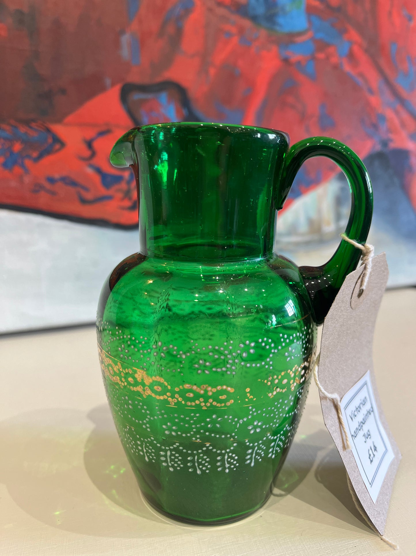 Victorian Hand Painted Jug - Green Glass