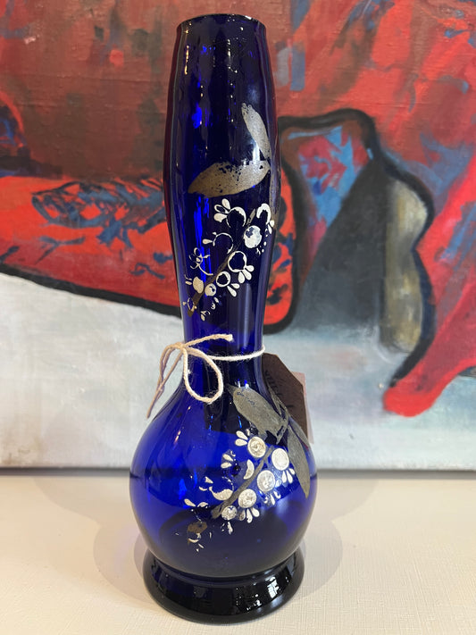 Hand Painted Blue Glass Vase